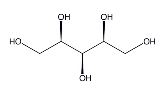 Chemical formula of xylitol (sugar substitute in chewing gums)