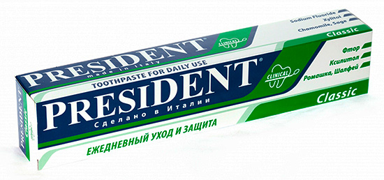 La pasta de dientes President Classic es adecuada para el uso diario para prevenir la caries dental.