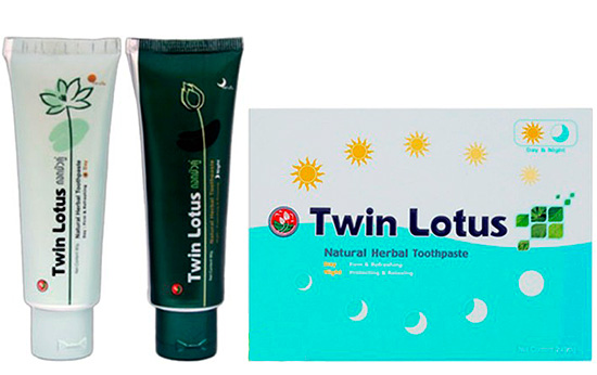 De originele Twin Lotus Day & Night-set bevat twee tandpasta's tegelijk - voor gebruik in de ochtend (middag) en 's avonds (nacht).