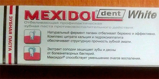 Mexidol Dent White diletakkan sebagai pasta gigi anti-radang pemutihan prophylactic.