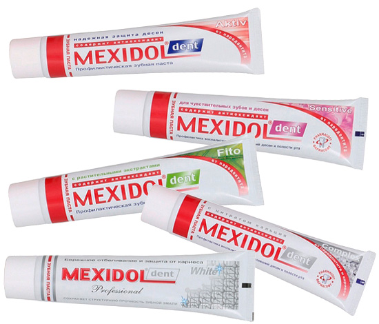 Unter der Marke Mexidol Dent sind fünf verschiedene Zahnpasten erhältlich.