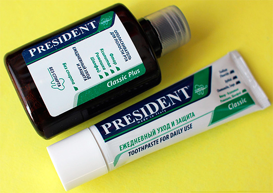 На снимката - паста за зъби President Classic и съответната вода за уста.
