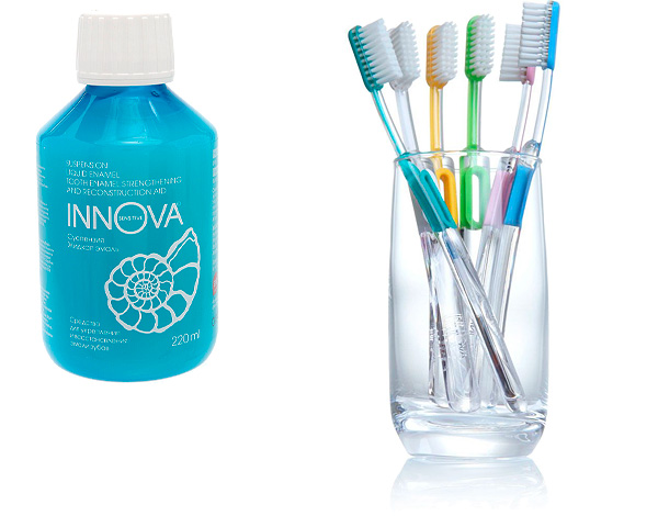 INNOVA Sensitive-serien inkluderer også flytende emaljesuspensjon og en myk tannbørste med sølvioner i busten.